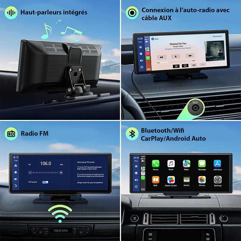 Écran autoradio sans fil 2K avec dashcam et caméra arrière 1080P 64