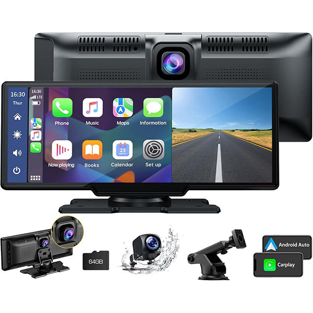 Écran autoradio sans fil 2K avec dashcam et caméra arrière 1080P 64