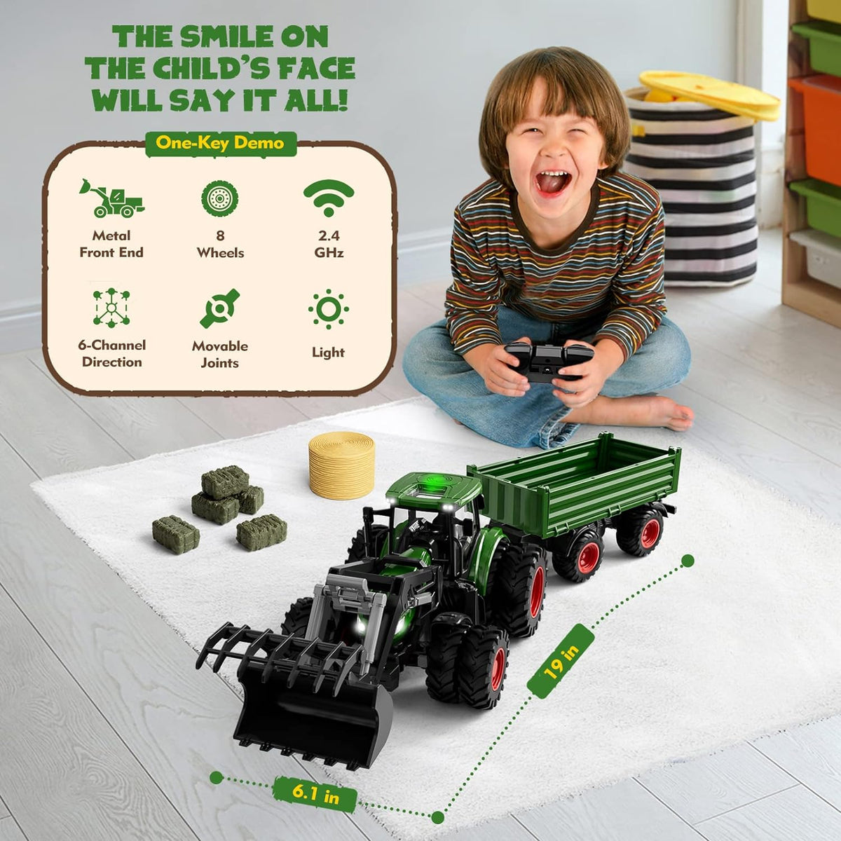Tracteur télécommandé métallique avec remorque RC jouet de ferme