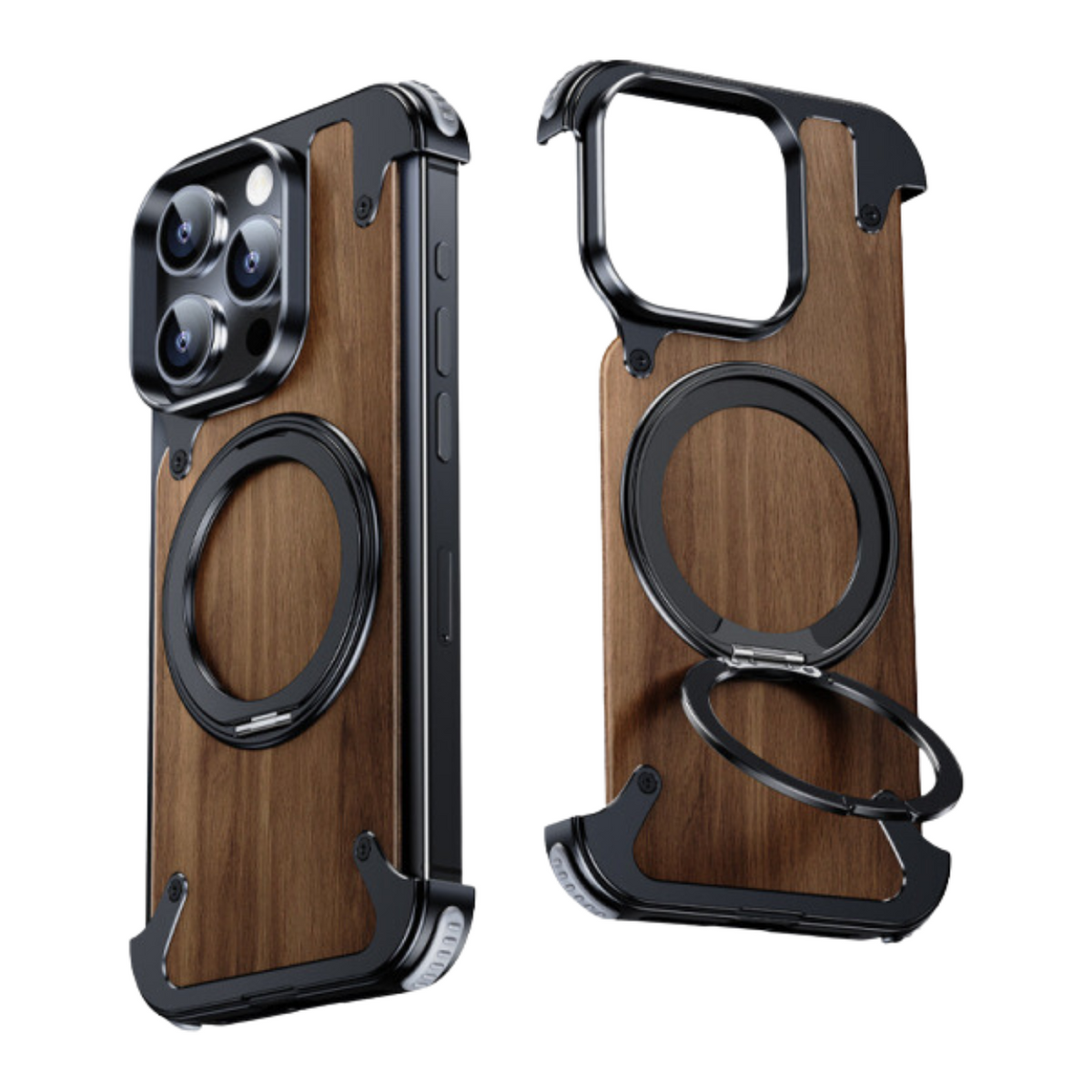 Coque de téléphone rigide en bois massif à support rotatif