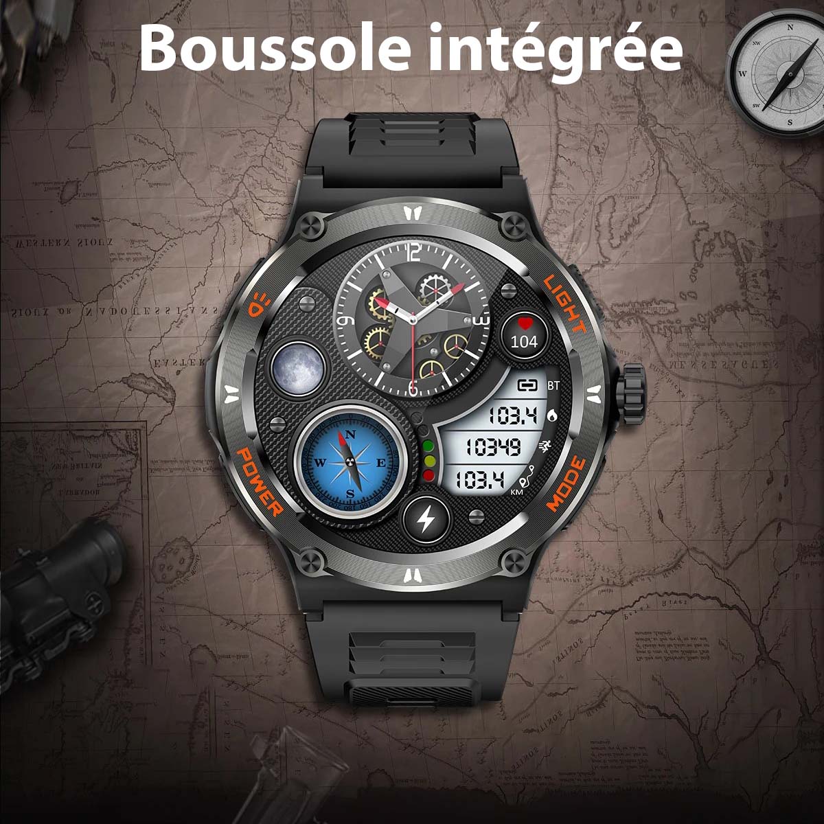 Montre connectée sportive à écran HD avec torche LED et boussole