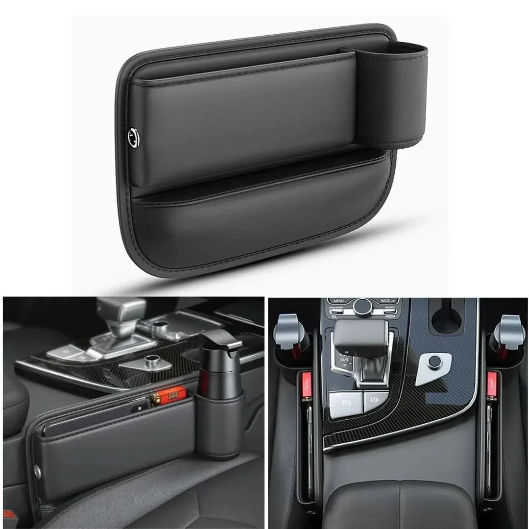 Organisateur de banquette auto cuir avec porte-verre - Santeova