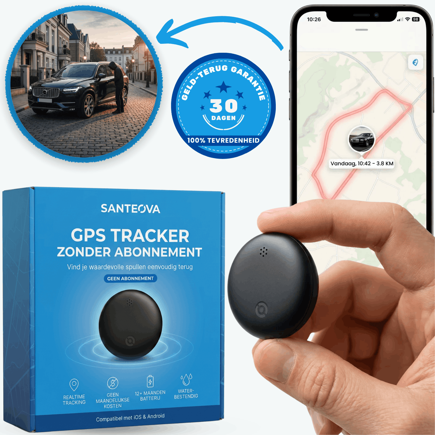 Santeova – GPS Tracker Zonder Abonnement | Compatibel met Android en iOS