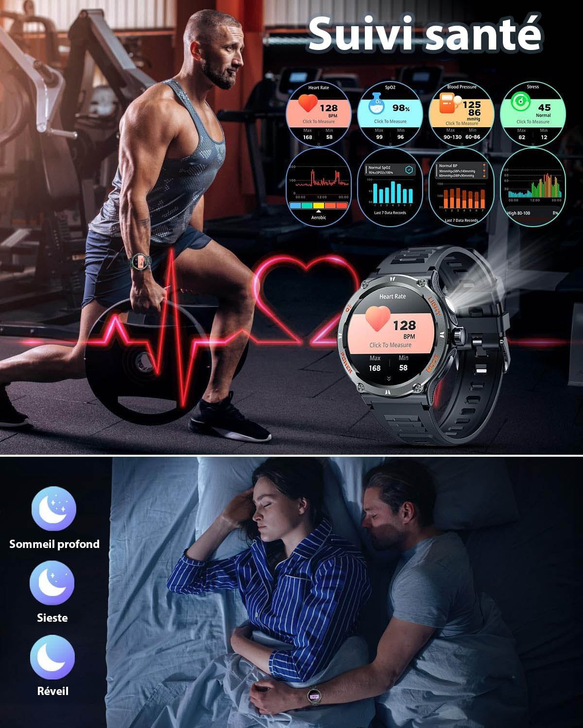 Montre connectée sportive écran HD avec torche LED et boussole