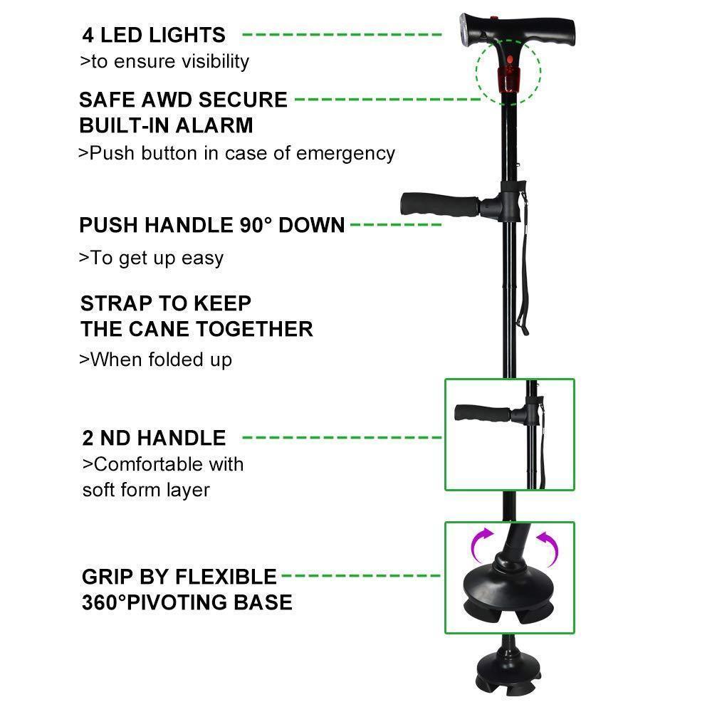 Canne de marche pliante autonome à 6 lampes LED